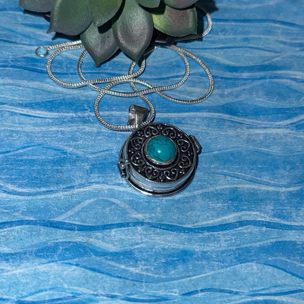 Turquoise Silver Locket Pendant Necklace